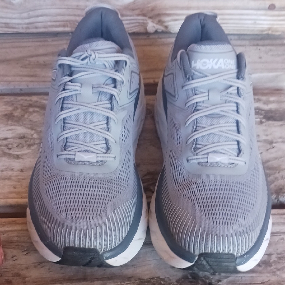 Hoka Bondi 7 Gray and White Athletic Shoes with Maximalist Cushioning - Picture 9 of 14